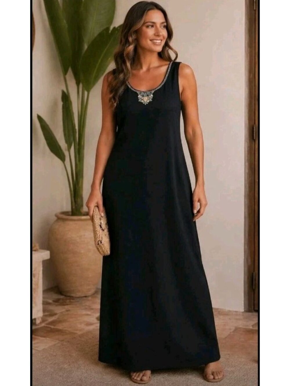 Jessica Howard Linen-Blend Maxi Dress Southwestern Beaded Embroidered Size 14